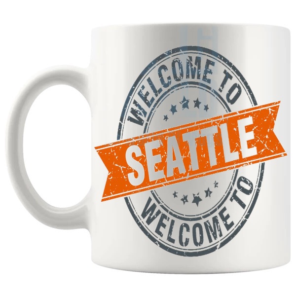 Welcome To Seattle Mug travel gift for anyone who loves Seattle shown with handle on the left