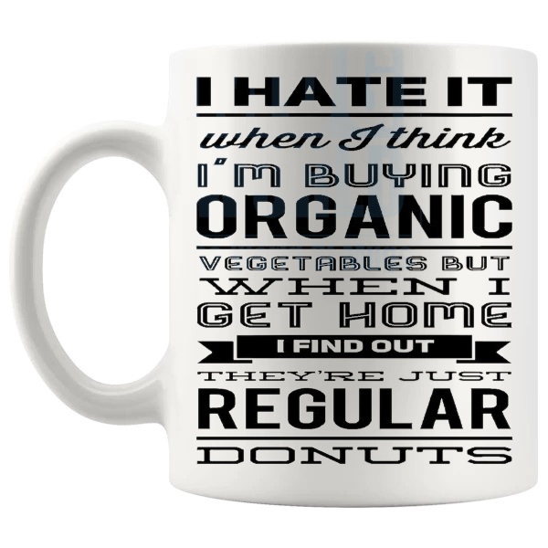 Organic Vegetables And Donuts mug funny food lover gift shown with handle on the left