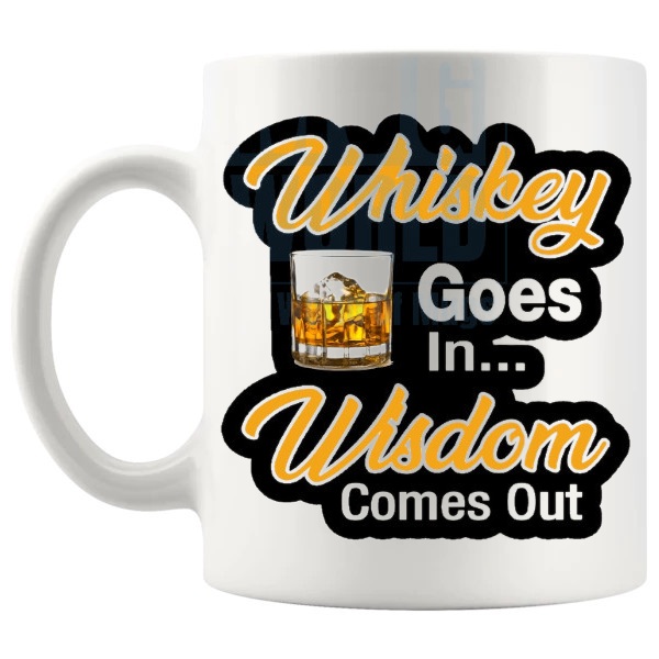 Whiskey Goes In Wisdom Comes Out mug funny whiskey gift shown with handle on the left