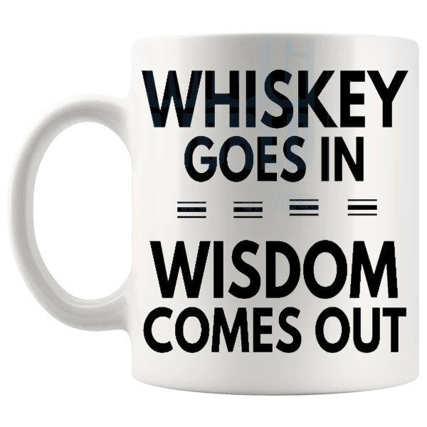 Whiskey Goes In Wisdom Comes Out mug funny whiskey gift shown with handle on the left