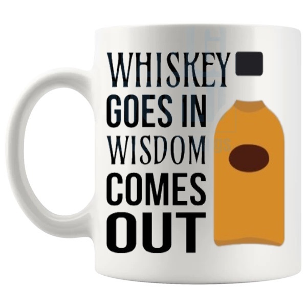 Whiskey Goes In Wisdom Comes Out mug funny whiskey gift shown with handle on the left