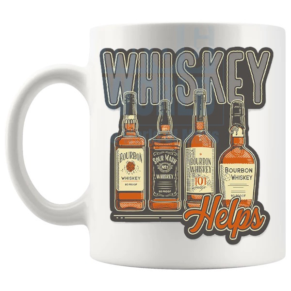 Whiskey Helps mug funny whiskey gift shown with handle on the left
