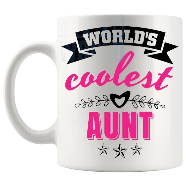 World's Coolest Aunt Mug funny auntie gift for niece or nephew shown with handle on the left
