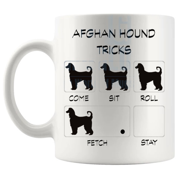 Afghan Hound Tricks Mug funny dog breed gift for Afghan Hound owners shown with handle on the left