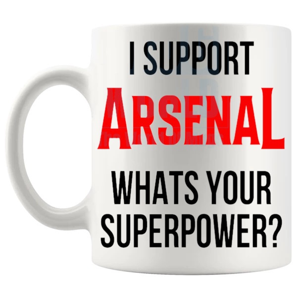 Arsenal Fans Superpower Mug unofficial football supporter gift for Arsenal fans shown with handle on the left