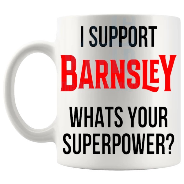 Barnsley Fans Superpower Mug unofficial football supporter gift for Barnsley fans shown with handle on the left