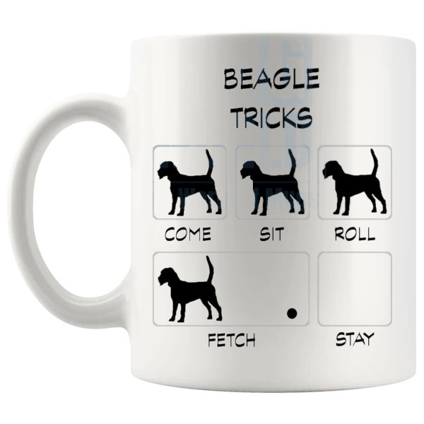 Beagle Tricks Mug funny dog breed gift for Beagle owners shown with handle on the left