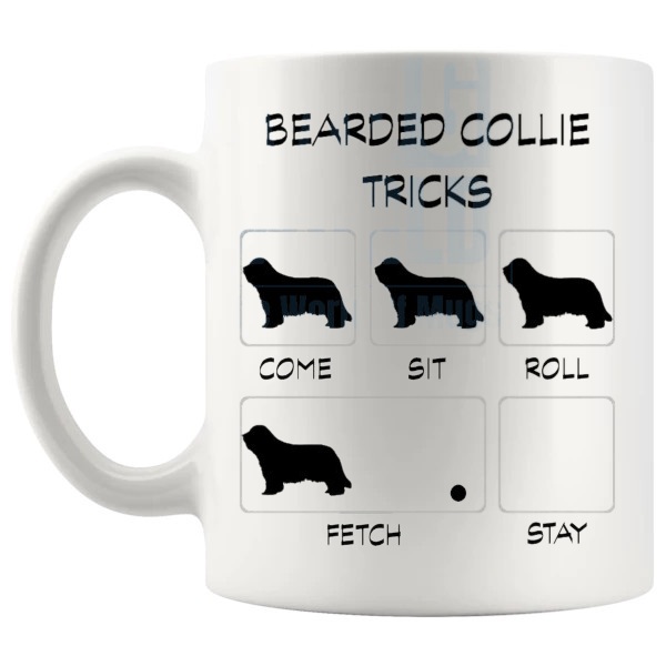 Bearded Collie Tricks Mug funny dog breed gift for Bearded Collie owners shown with handle on the left