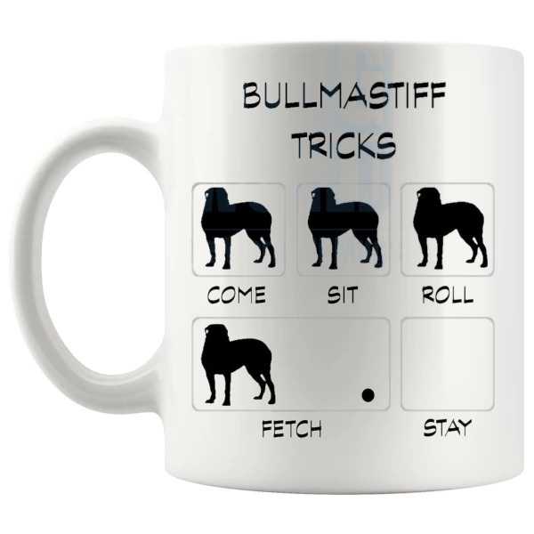 Bullmastiff Tricks Mug funny dog breed gift for Bullmastiff owners shown with handle on the left