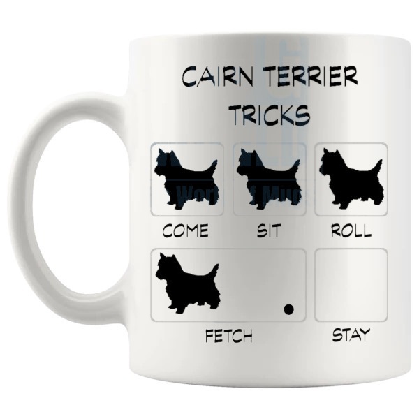 Cairn Terrier Tricks Mug funny dog breed gift for Cairn Terrier owners shown with handle on the left