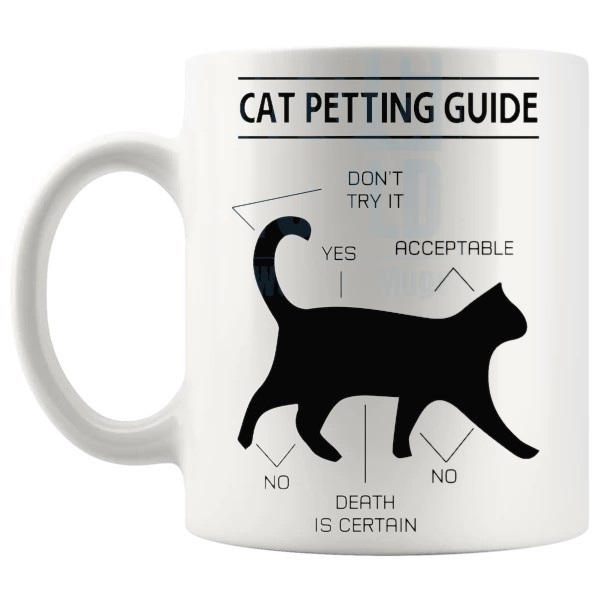 Cat Petting Guide Mug funny cat owner gift shown with handle on the left