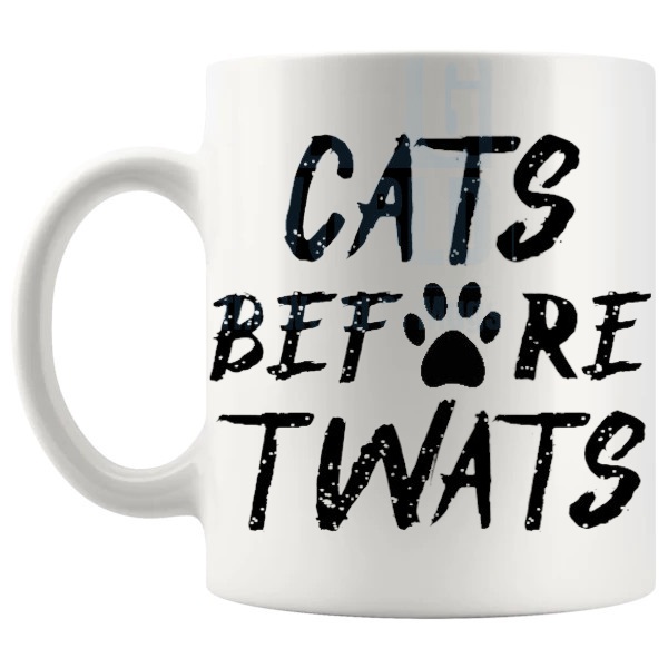 Cats Before Twats Mug funny rude cat lover gift shown with handle on the left