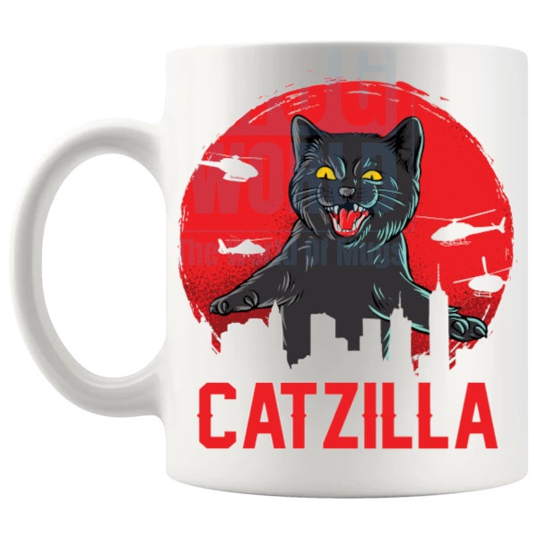 Catzilla Mug funny cat lover gift for chaotic pets shown with handle on the left