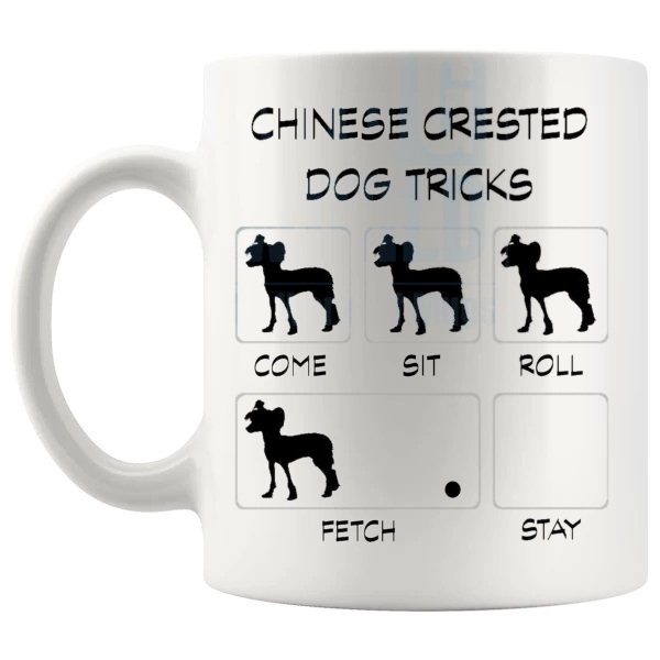 Chinese Crested Dog Tricks Mug funny dog breed gift for Chinese Crested Dog owners shown with handle on the left