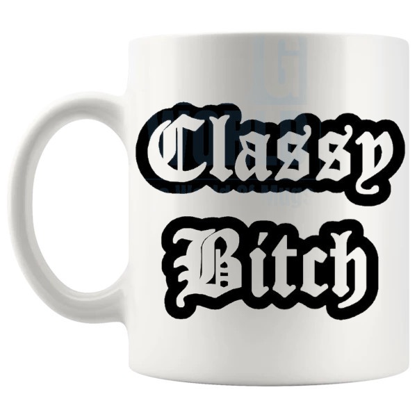 Classy Bitch Mug funny rude confidence gift shown with handle on the left