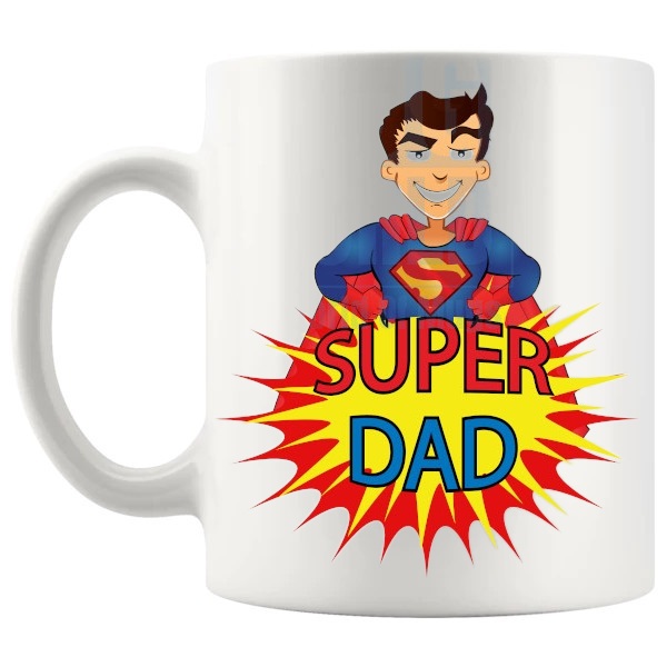 Super Dad Mug superhero dad gift shown with handle on the left