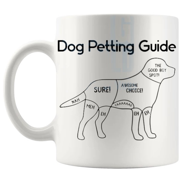 Dog Petting Guide Mug funny gift for dog lovers shown with handle on the left