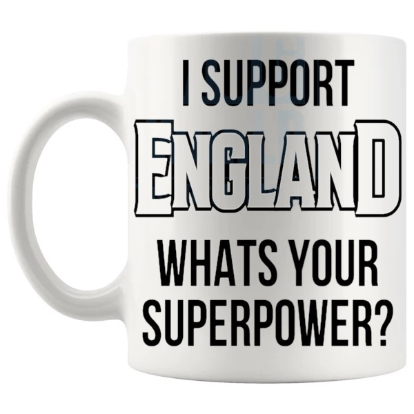 England Fans Superpower Mug unofficial football supporter gift for England fans shown with handle on the left