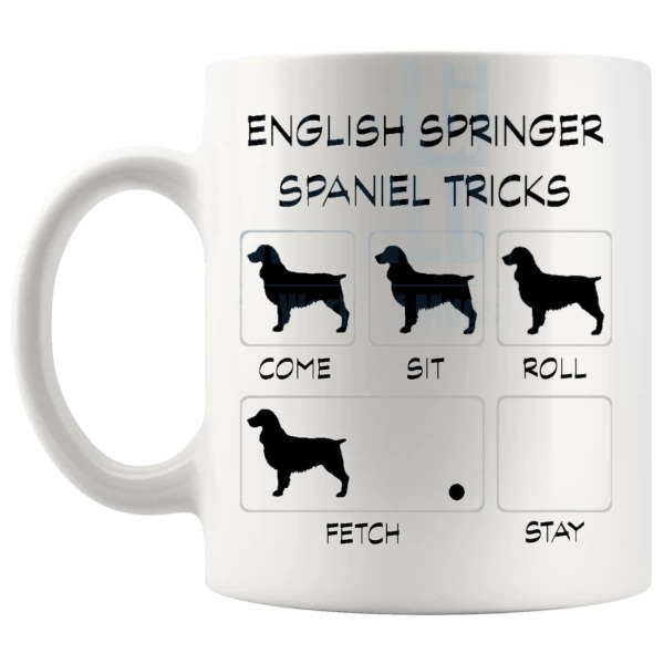 English Springer Spaniel Tricks Mug funny dog breed gift for English Springer Spaniel owners shown with handle on the left