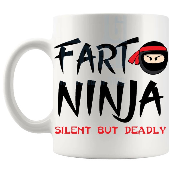 Fart Ninja Silent But Deadly Mug funny rude ninja fart gift shown with handle on the left