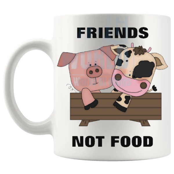Friends Not Food Mug shown with handle on the left