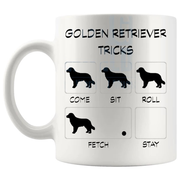 Golden Retriever Tricks Mug funny dog breed gift for Golden Retriever owners shown with handle on the left