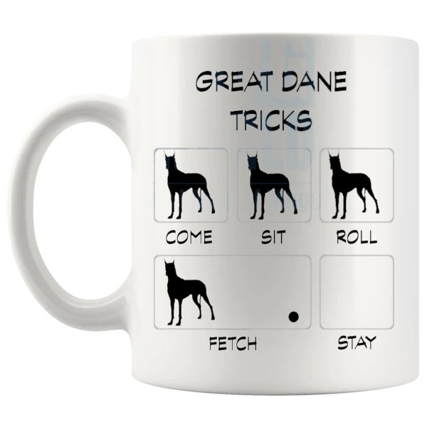 Great Dane Tricks Mug funny dog breed gift for Great Dane owners shown with handle on the left