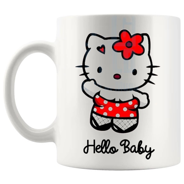Hello Baby Mug cute parody-style novelty gift shown with handle on the left