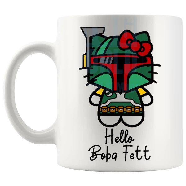 Hello Boba Fett Mug sci-fi bounty hunter fan gift with cute parody styling shown with handle on the left