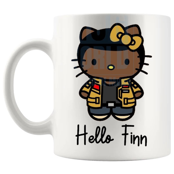 Hello Finn Mug cute sci-fi fan gift with parody character styling shown with handle on the left