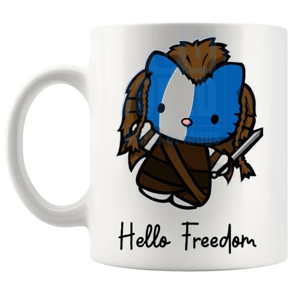 Hello Freedom Mug funny film fan gift with cute parody styling shown with handle on the left