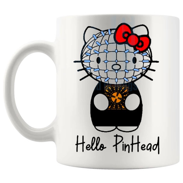 Hello Pinhead Mug creepy cute horror fan gift with parody styling shown with handle on the left