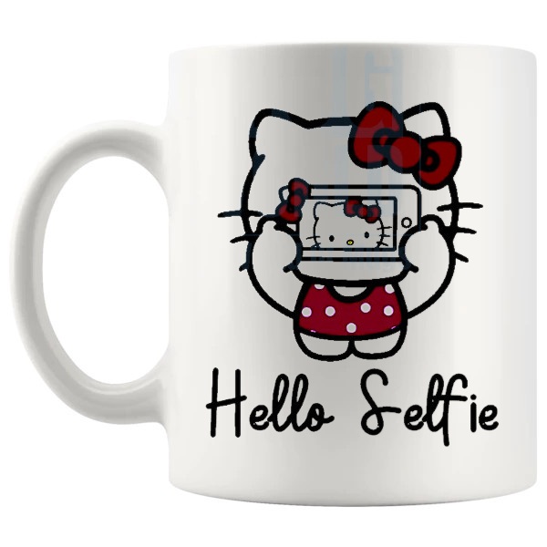 Hello Selfie Mug cute novelty gift for selfie lovers shown with handle on the left