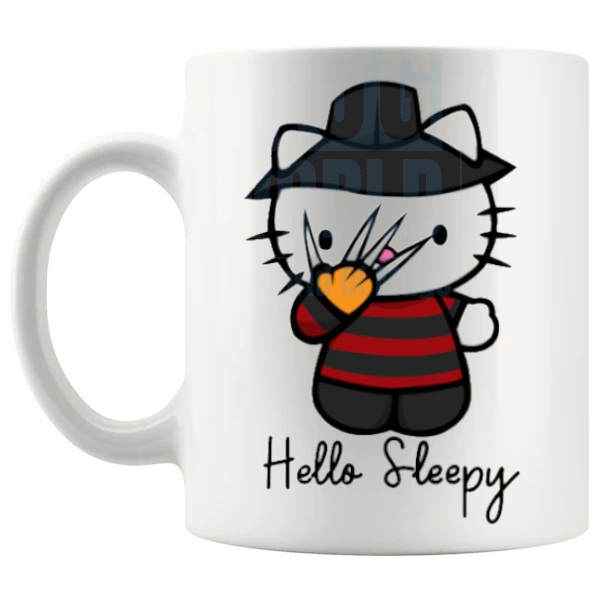 Hello Sleepy Mug cute horror fan gift with spooky parody styling shown with handle on the left