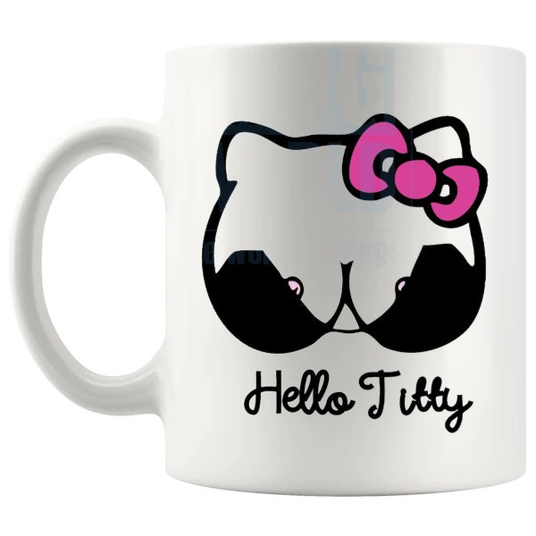 Hello Titty Mug funny rude adult gift with cute parody styling shown with handle on the left
