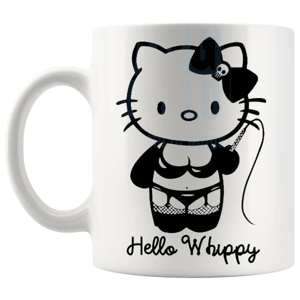 Hello Whippy Mug cheeky adult novelty gift with cute parody styling shown with handle on the left