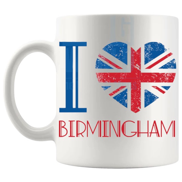 I Love Birmingham Mug local pride gift for anyone who loves Birmingham shown with handle on the left