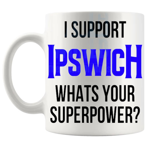 Ipswich Fans Superpower Mug unofficial football supporter gift for Ipswich fans shown with handle on the left