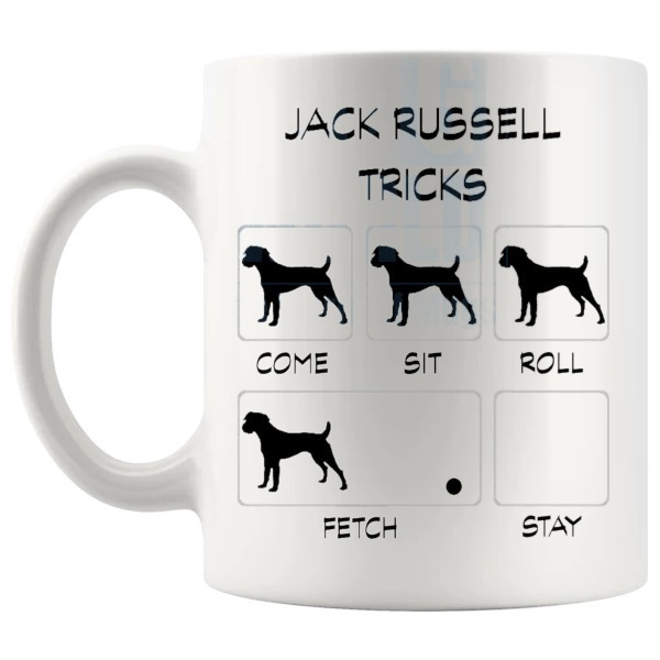 Jack Russell Tricks Mug funny dog breed gift for Jack Russell owners shown with handle on the left
