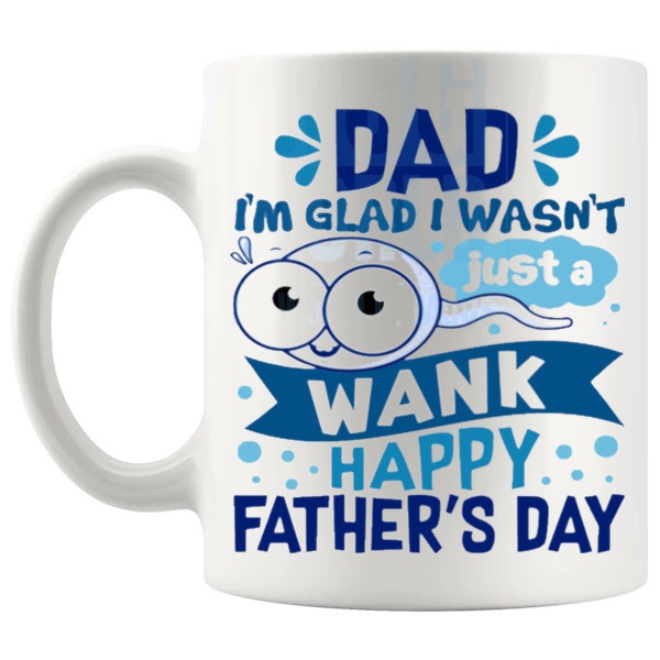 Just A Wank Mug In Blue rude funny dad gift shown with handle on the left