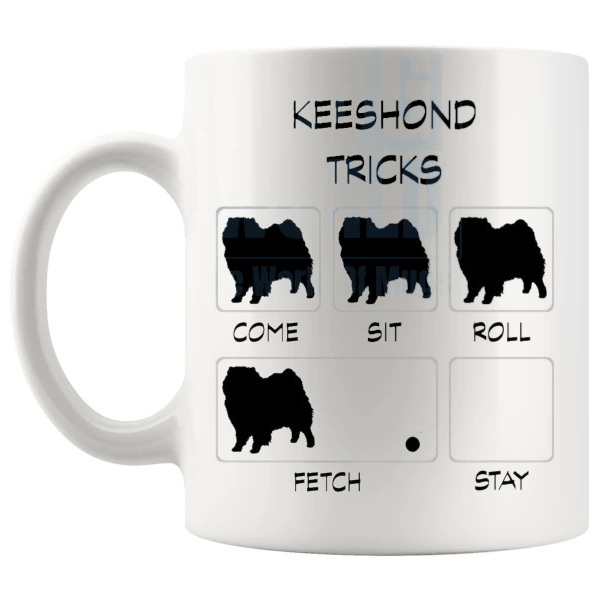 Keeshond Tricks Mug funny dog breed gift for Keeshond owners shown with handle on the left