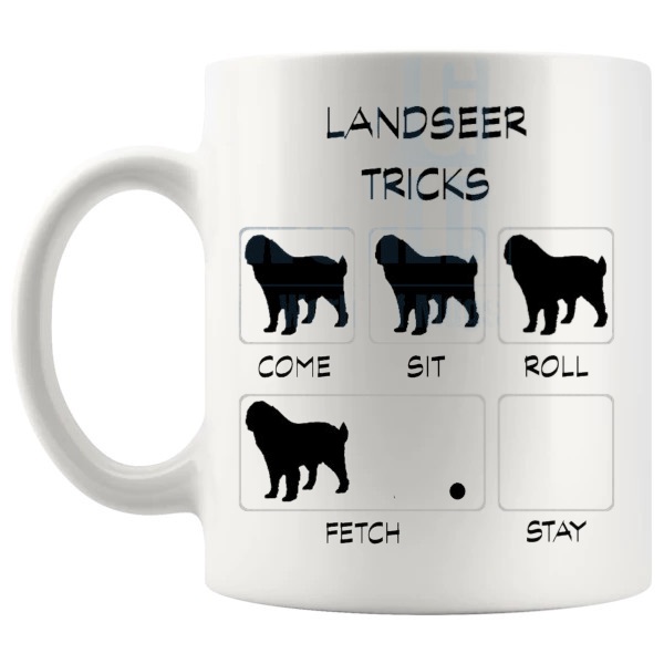Landseer Tricks Mug funny dog breed gift for Landseer owners shown with handle on the left
