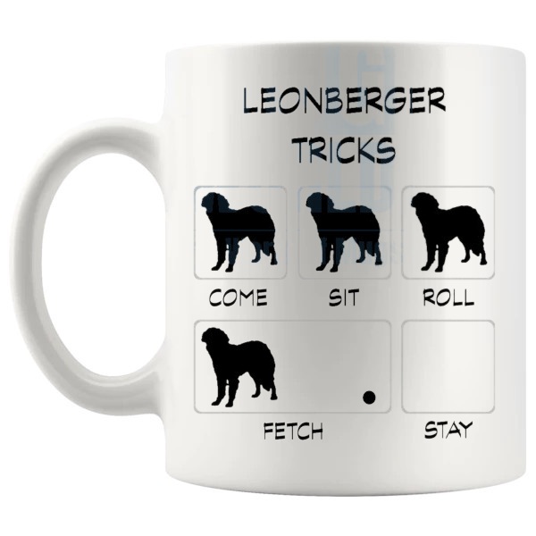 Leonberger Tricks Mug funny dog breed gift for Leonberger owners shown with handle on the left