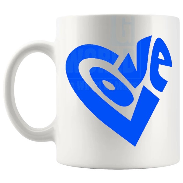 Love Heart Mug Blue love-themed mug for Valentine's Day and romantic gifts shown with handle on the left