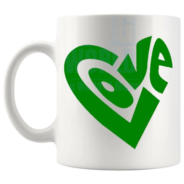 Love Heart Mug Green love-themed mug for Valentine's Day and romantic gifts shown with handle on the left