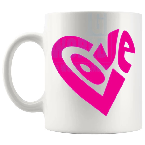 Love Heart Mug Pink love-themed mug for Valentine's Day and romantic gifts shown with handle on the left