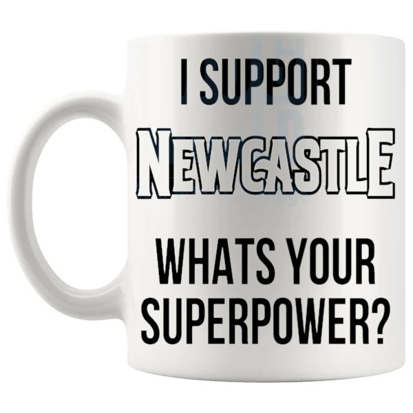 Newcastle Fans Superpower Mug unofficial football supporter gift for Newcastle fans shown with handle on the left