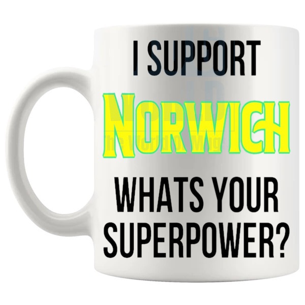 Norwich Fans Superpower Mug unofficial football supporter gift for Norwich fans shown with handle on the left