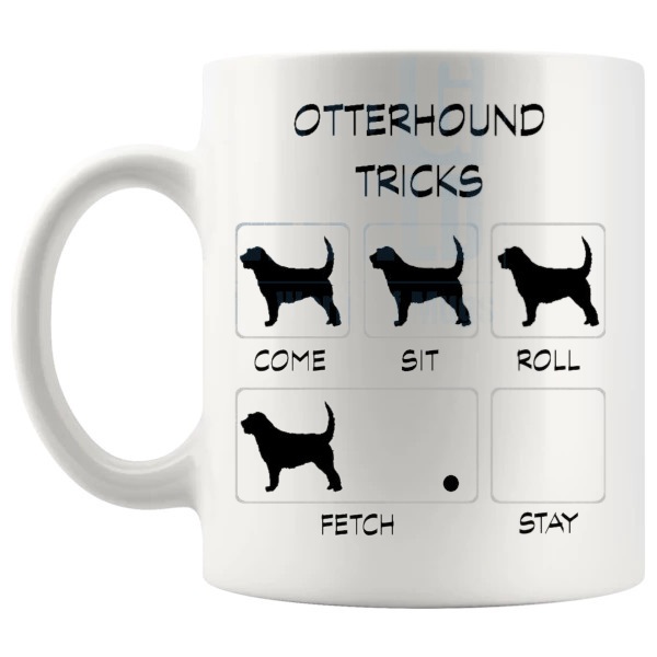 Otterhound Tricks Mug funny dog breed gift for Otterhound owners shown with handle on the left