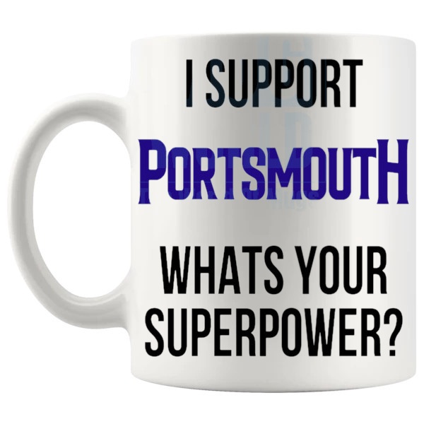 Portsmouth Fans Superpower Mug unofficial football supporter gift for Portsmouth fans shown with handle on the left